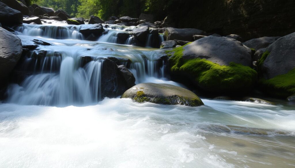 Water flowing through rocks, illustrating adaptability in Tai Chi