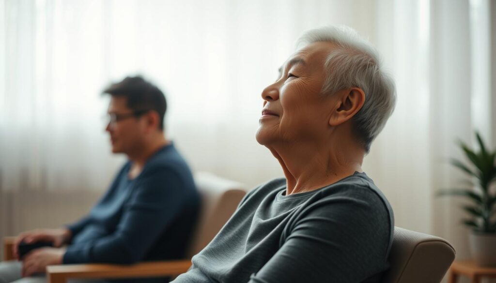 A senior person, with a mix of Chinese and white ethnicity, performing seated neck exercises for improved mobility. They are seated in a comfortable chair, with good posture, gently tilting their head from side to side, and slowly rotating their neck in a controlled motion. The lighting is soft and diffused, creating a soothing, calming atmosphere. The camera is positioned at a slight angle, capturing the person's face and upper body in a mid-shot. The background is blurred, keeping the focus on the exercise demonstration.