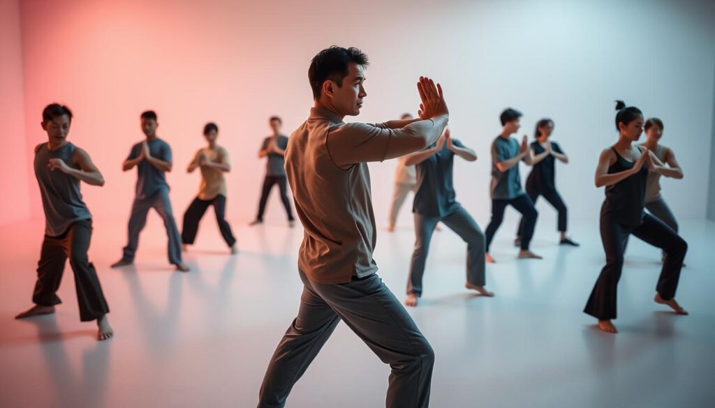 A serene, dimly lit studio setting with a group of Chinese and Caucasian men and women performing a series of Tai Chi core strengthening exercises. The foreground features a close-up of a person gracefully transitioning between poses, their muscles subtly engaged. The middle ground shows several individuals in various stages of the same sequence, their movements flowing in a synchronized rhythm. In the background, the space is minimalist, with soft lighting highlighting the practitioners' silhouettes against a muted, contemplative atmosphere. The overall scene conveys the focus, control, and inner strength cultivated through Tai Chi's core-centered techniques.