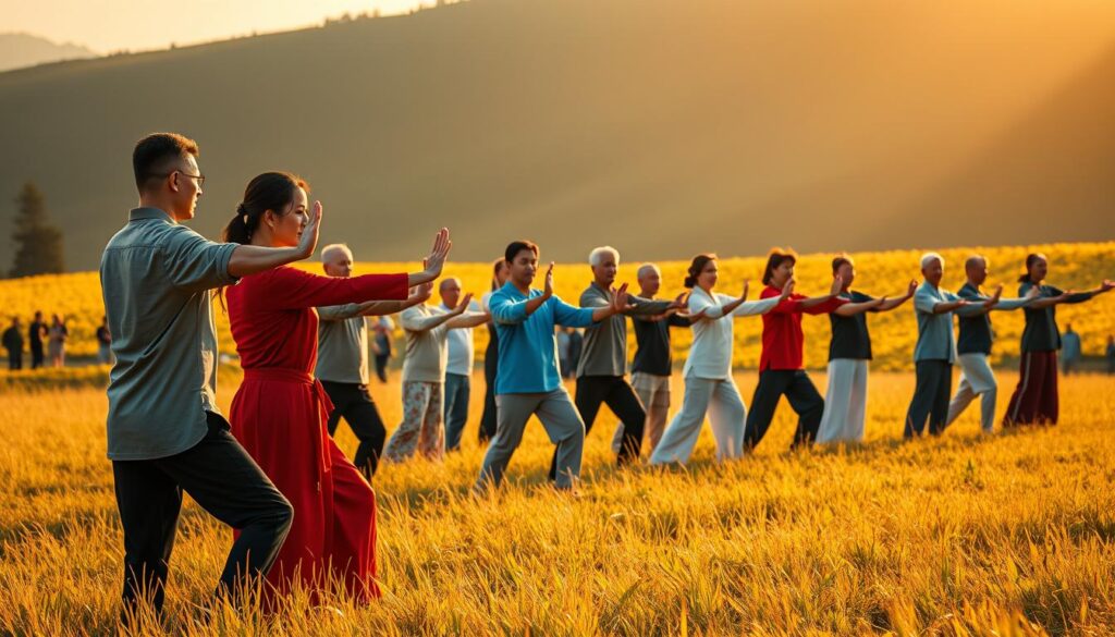 A serene meadow at golden hour, where a diverse group of people stand in graceful Tai Chi poses, their movements flowing in sync. In the foreground, a Chinese man and woman demonstrate shoulder-opening stances, their arms extended with precision. In the middle ground, a diverse group of men and women of various ages and ethnicities practice the same poses, their faces calm and focused. The background features a lush, rolling landscape bathed in warm, diffused light, creating an atmosphere of tranquility and mindfulness. The composition is balanced, with the subjects positioned to highlight the alignment and harmony of the Tai Chi forms.