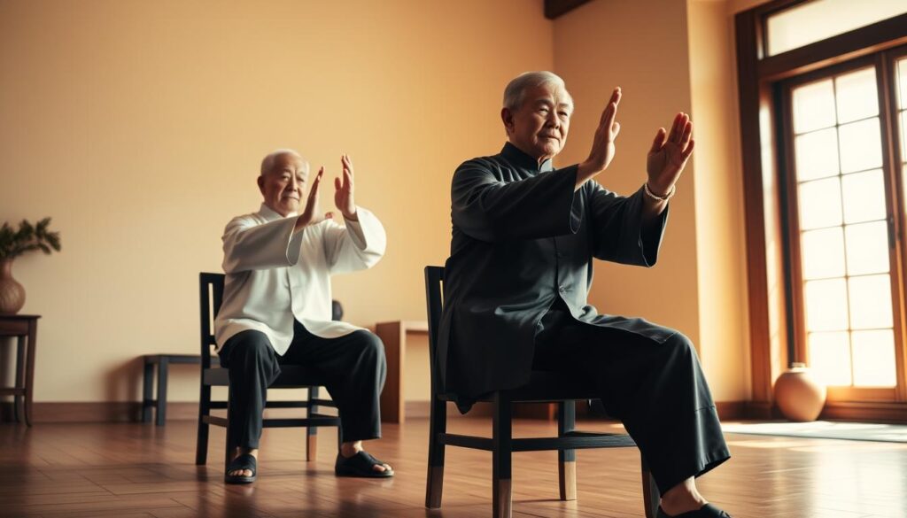 A serene seated Tai Chi practice scene. An elderly man and woman, dressed in traditional Chinese garments, perform a graceful lifting foot exercise with focused concentration. Soft natural lighting illuminates their fluid movements as they maintain balance on a wooden chair. The background features a minimalist, warm-toned interior with simple furnishings, creating a calming, meditative atmosphere. The camera angle captures the participants from a low perspective, emphasizing the elegance and control of their pose. The scene conveys a sense of tranquility, balance, and the mindful practice of Tai Chi.