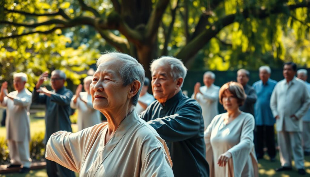 A serene, sun-dappled outdoor scene where a group of seniors gracefully perform Tai Chi neck exercises. In the foreground, a Chinese man and woman in loose, flowing attire gently tilt and rotate their heads, radiating tranquility. In the middle ground, a diverse group of men and women of various ages mirror their movements, their faces calm and focused. The background showcases a lush, verdant garden setting, with dappled sunlight filtering through the trees, creating a warm, natural ambiance. The entire scene is infused with a sense of harmony, inner peace, and the effortless fluidity of the Tai Chi practice.