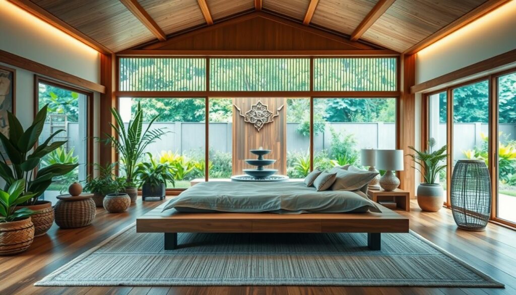 A tranquil Feng Shui-inspired bedroom with a harmonious blend of the five elements: an airy, well-lit space with warm wood tones, lush greenery, a calming water feature, and earth-toned textiles. In the foreground, a wooden platform bed adorned with plush bedding and decorative pillows. Surrounding it, a balance of natural materials like rattan, stone, and bamboo accents. In the middle ground, a serene water fountain or aquarium, its gentle sounds promoting relaxation. The background showcases a large window or sliding door, allowing natural light to pour in and framing a vibrant garden or outdoor landscape. Soft, diffused lighting creates a soothing ambiance, while the overall design promotes harmony, balance, and rejuvenation.