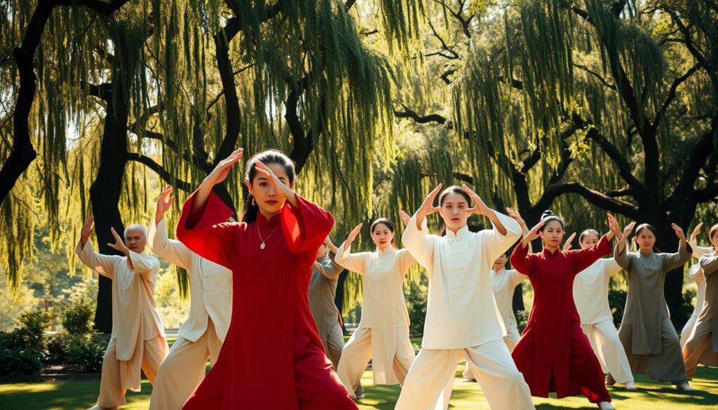 A tranquil outdoor setting, a sun-dappled grove with gently swaying trees. In the foreground, a group of people in traditional Chinese clothing perform the elegant Tai Chi movement "Parting the Wild Horse's Mane." Their bodies flow with graceful, fluid motions, hands parting the air with a sense of effortless power. Diverse participants, including Chinese and white men and women, move in unison, their faces serene and focused. The lighting is soft and warm, casting a peaceful glow. The camera angle is slightly elevated, capturing the full range of the movement. An atmosphere of mindfulness and inner calm pervades the scene.
