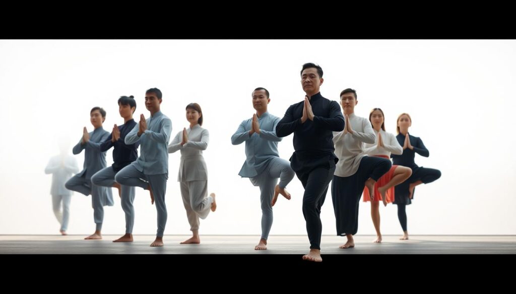 A tranquil standing meditation pose, captured in crisp detail. A group of Chinese and Caucasian men and women stand serenely, their bodies aligned in the classic Tai Chi form. Soft, diffused lighting illuminates their focused expressions and graceful limbs, as they balance effortlessly on one leg, the other bent at the knee. The background fades into a serene, minimalist setting, allowing the subjects to take center stage. Capture the essence of mindful stillness and inner harmony in this evocative image.