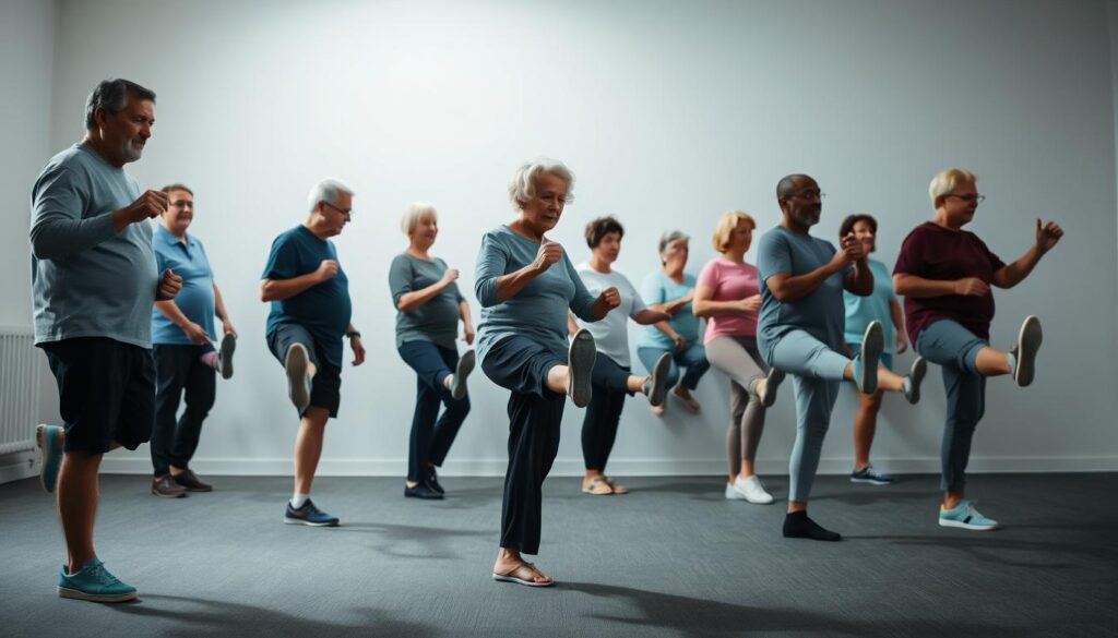 A well-lit studio scene showing a group of diverse older adults performing heel raises. The foreground features several people, both men and women of different ethnicities, standing with their feet shoulder-width apart, lifting their heels off the ground in a smooth, controlled motion. The middle ground showcases their engaged calf muscles as they execute the exercise. The background is a simple, clean studio setting with a neutral-colored wall, providing a clear focus on the exercisers. The lighting is soft and flattering, highlighting the participants' form and technique. The overall mood is one of purposeful, low-impact exercise designed to improve balance and calf strength.